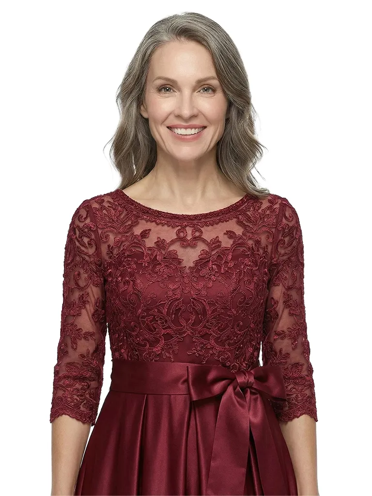 ChicSew Scoop 3/4 Sleeve Lace Applique Bow Waist Floor Length Satin Mother of the Bride Dresses sold by ChicSew product image thumbnail 2