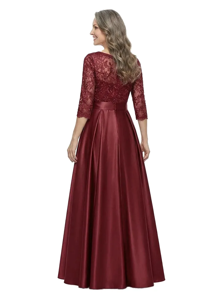 ChicSew Scoop 3/4 Sleeve Lace Applique Bow Waist Floor Length Satin Mother of the Bride Dresses sold by ChicSew product image thumbnail 3