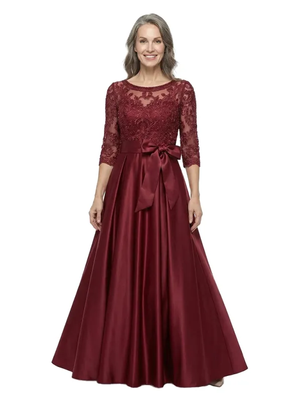 ChicSew Scoop 3/4 Sleeve Lace Applique Bow Waist Floor Length Satin Mother of the Bride Dresses made by ChicSew