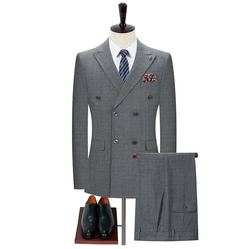 New Men's Grey Plaid Double-breasted 2 Piece Suit  for Business Wedding made by ChicSew