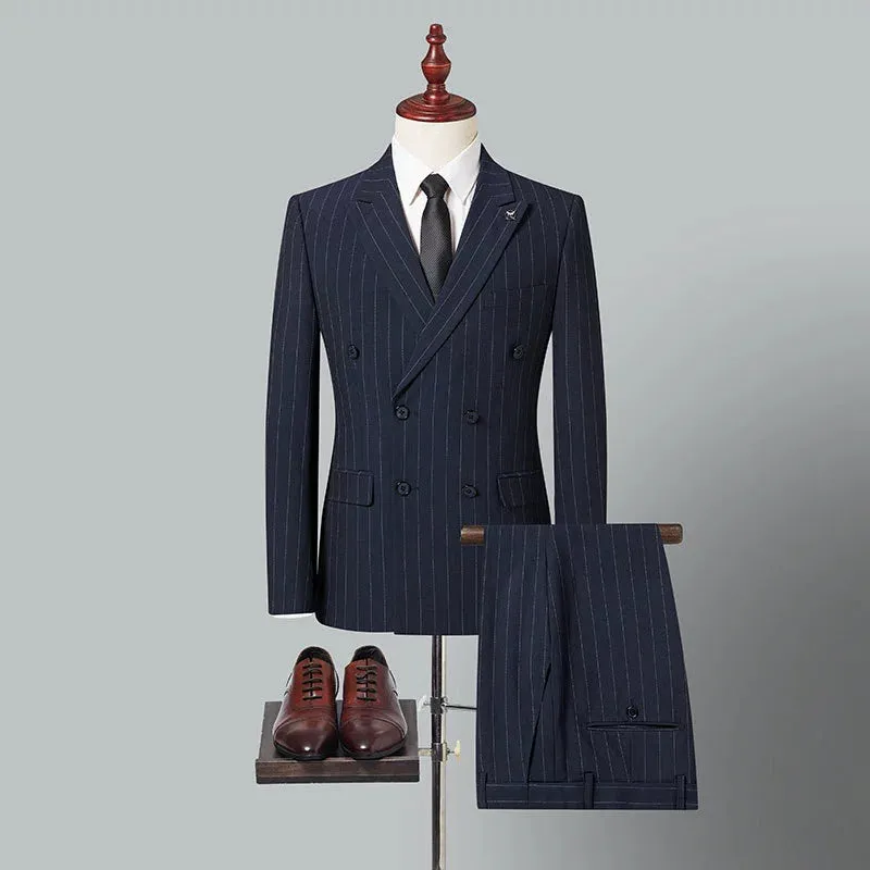 New Men's Blue Stripe Double-breasted 2 Piece Suit  for Business Wedding made by ChicSew