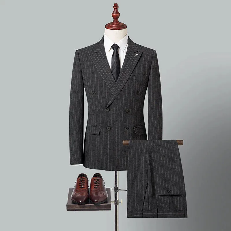 New Men's Grey Stripe Double-breasted 2 Piece Suit  for Business Wedding made by ChicSew