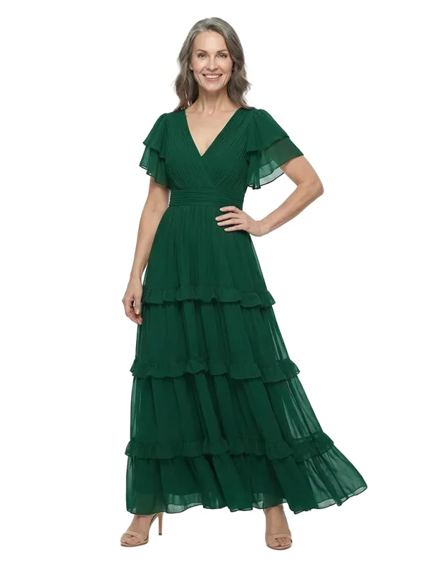 ChicSew V-Neck Flutter Sleeve Tiered Ruffle Long Chiffon Mother of the Bride Dresses made by ChicSew