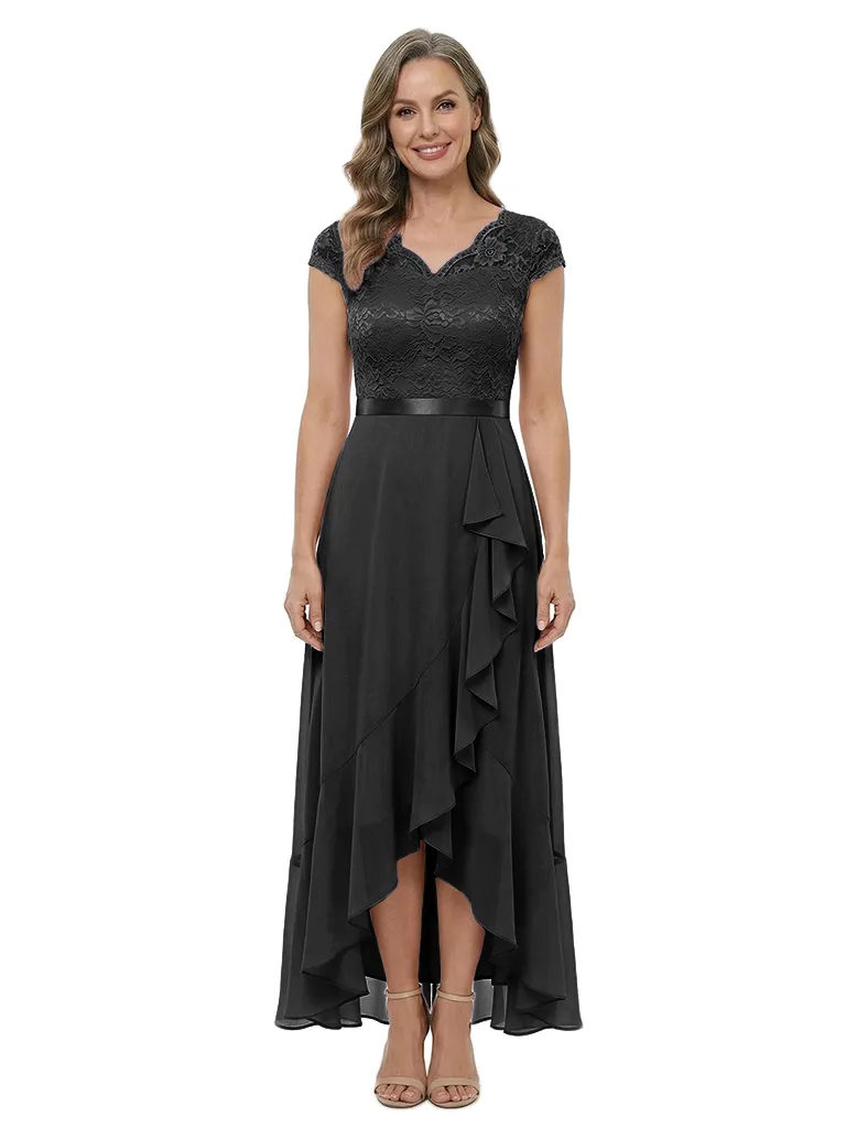 ChicSew Beautiful V-Neck Chiffon Cap Sleeves Lace High-Low Mother Of The Bride Dress With Ruffle sold by ChicSew product image thumbnail 4