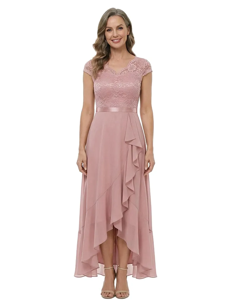 ChicSew Beautiful V-Neck Chiffon Cap Sleeves Lace High-Low Mother Of The Bride Dress With Ruffle sold by ChicSew
