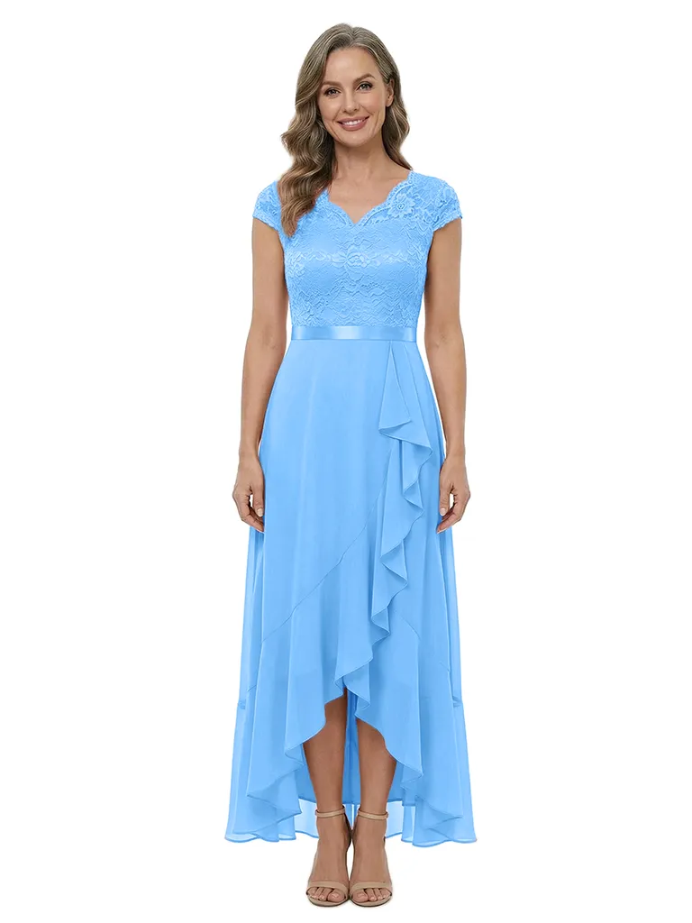 ChicSew Beautiful V-Neck Chiffon Cap Sleeves Lace High-Low Mother Of The Bride Dress With Ruffle sold by ChicSew product image thumbnail 5