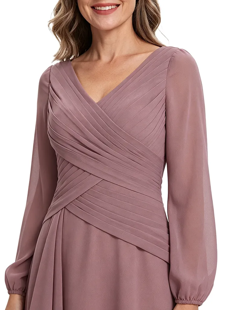 ChicSew Pretty Long Sleeves V-Neck Tea-Length Chiffon Ruffle A-Line Mother Of The Bride Dresses sold by ChicSew product image thumbnail 2