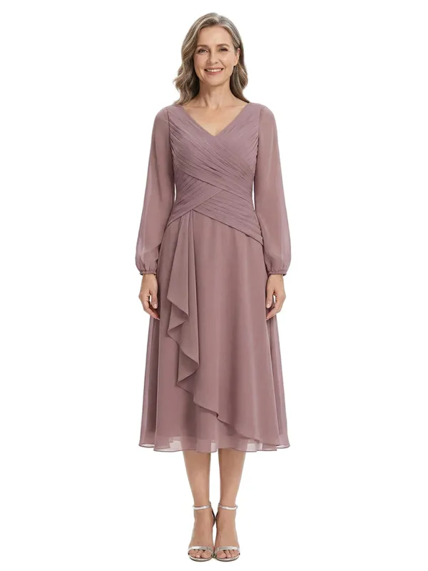 ChicSew Pretty Long Sleeves V-Neck Tea-Length Chiffon Ruffle A-Line Mother Of The Bride Dresses made by ChicSew