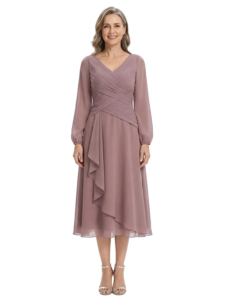 ChicSew Pretty Long Sleeves V-Neck Tea-Length Chiffon Ruffle A-Line Mother Of The Bride Dresses sold by ChicSew