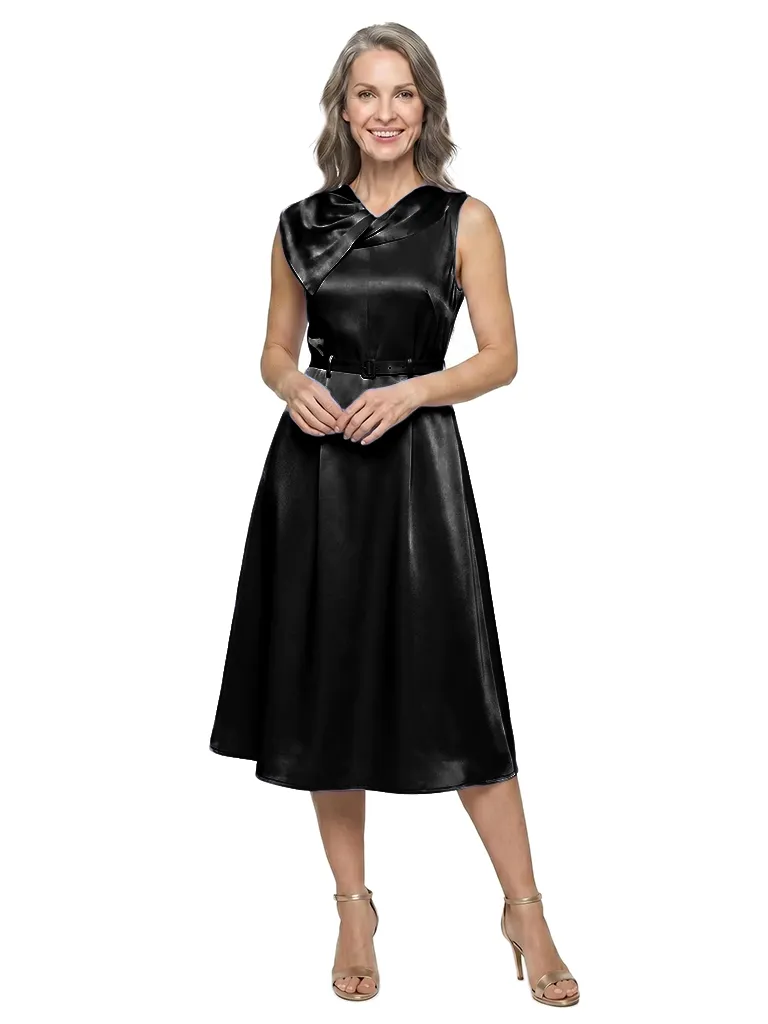ChicSew Asymmetric Cowl Neck Sleeveless Soft Satin Tea-Length A-Line Mother Of The Bride Dress With Belt sold by ChicSew product image thumbnail 4