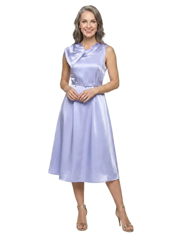 ChicSew Asymmetric Cowl Neck Sleeveless Soft Satin Tea-Length A-Line Mother Of The Bride Dress With Belt made by ChicSew