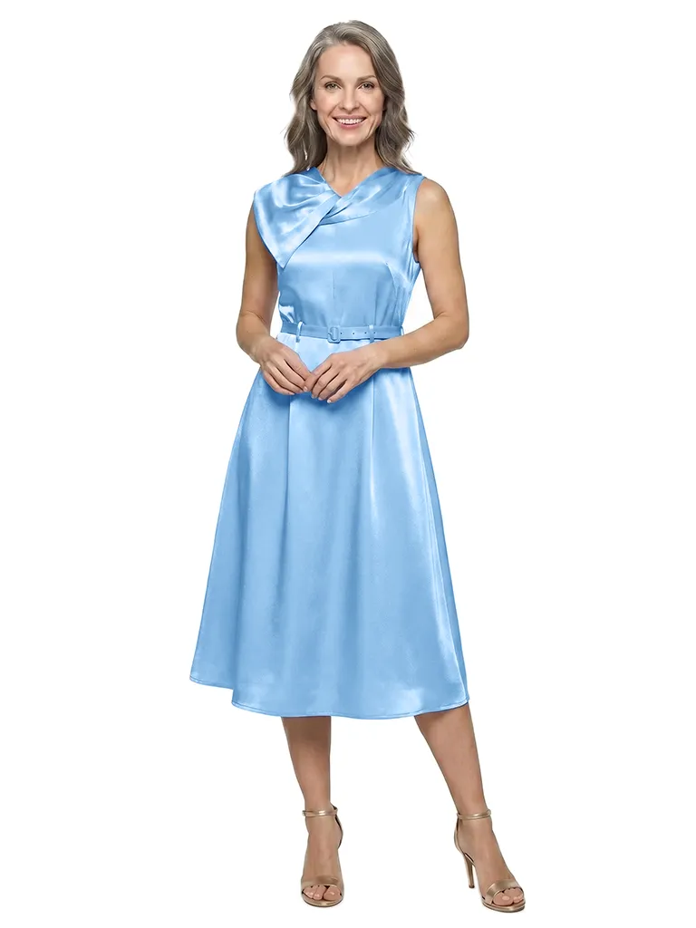ChicSew Asymmetric Cowl Neck Sleeveless Soft Satin Tea-Length A-Line Mother Of The Bride Dress With Belt sold by ChicSew product image thumbnail 5