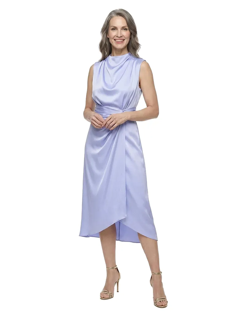 ChicSew High Neck Sleeveless Satin Asymmetrical Wrap Midi Mother of the Bride Dress sold by ChicSew