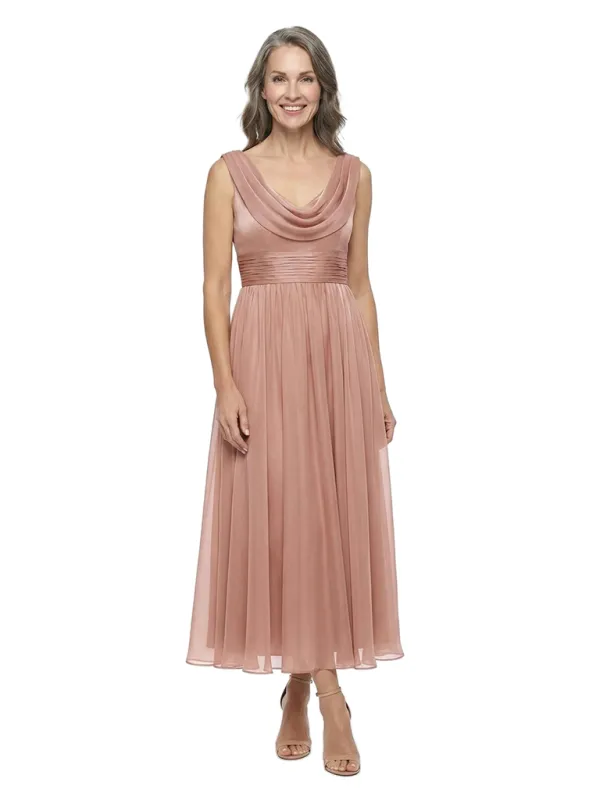ChicSew Cowl Sleeveless Pleated Waist Chiffon Tea-Length A-Line Mother of the Bride Dress made by ChicSew