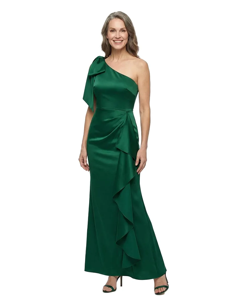 ChicSew One Shoulder Bow Ruffle Detail Satin Ankle Length Mermaid Mother of the Bride Dress sold by ChicSew