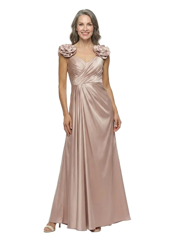 ChicSew Elegant Rosette Shoulder V-Neck Silky Satin A-Line Ruched Mother Of The Bride Gowns Floor Length made by ChicSew