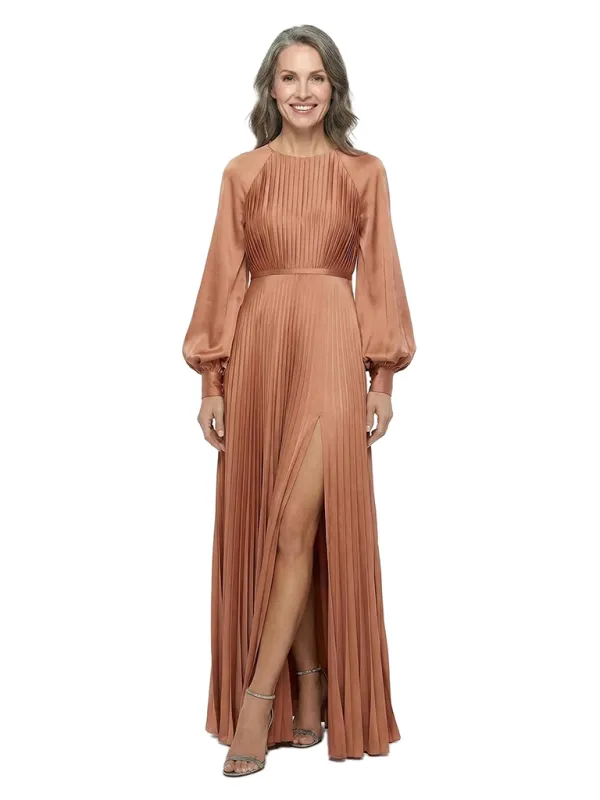 ChicSew Long Sleeve Pleated A-Line Mother Of The Bride Gown Side Slit Satin Evening Dress made by ChicSew