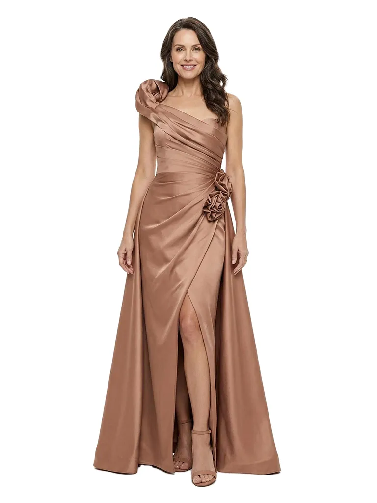 ChicSew Unique One Shoulder Silky Satin Mother Of The Groom Gown Rosette Detail Side Slit sold by ChicSew