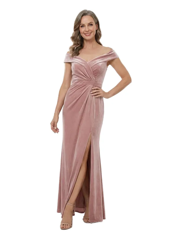Chicsew Sophisticated Off Shoulder Ruched Side Slit Velvet Floor-Length Mother Of The Groom Dress made by ChicSew