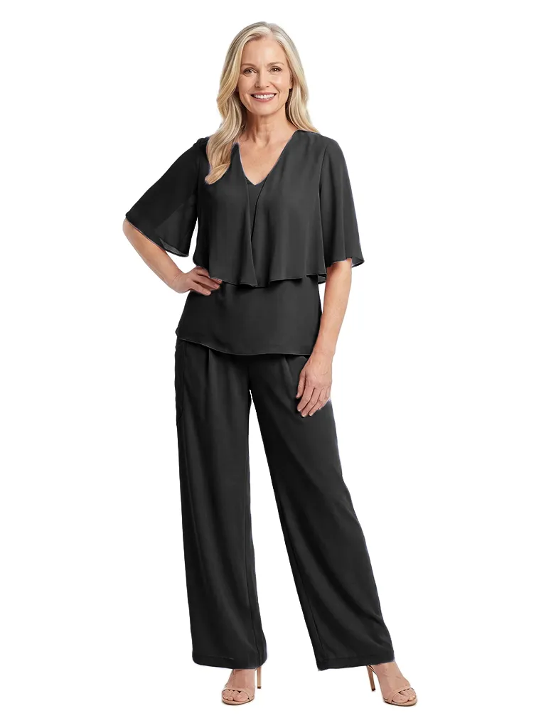 ChicSew Unique V-Neck Mother Of The Bride Pant Suits With Chiffon Short Sleeves Set sold by ChicSew product image thumbnail 4