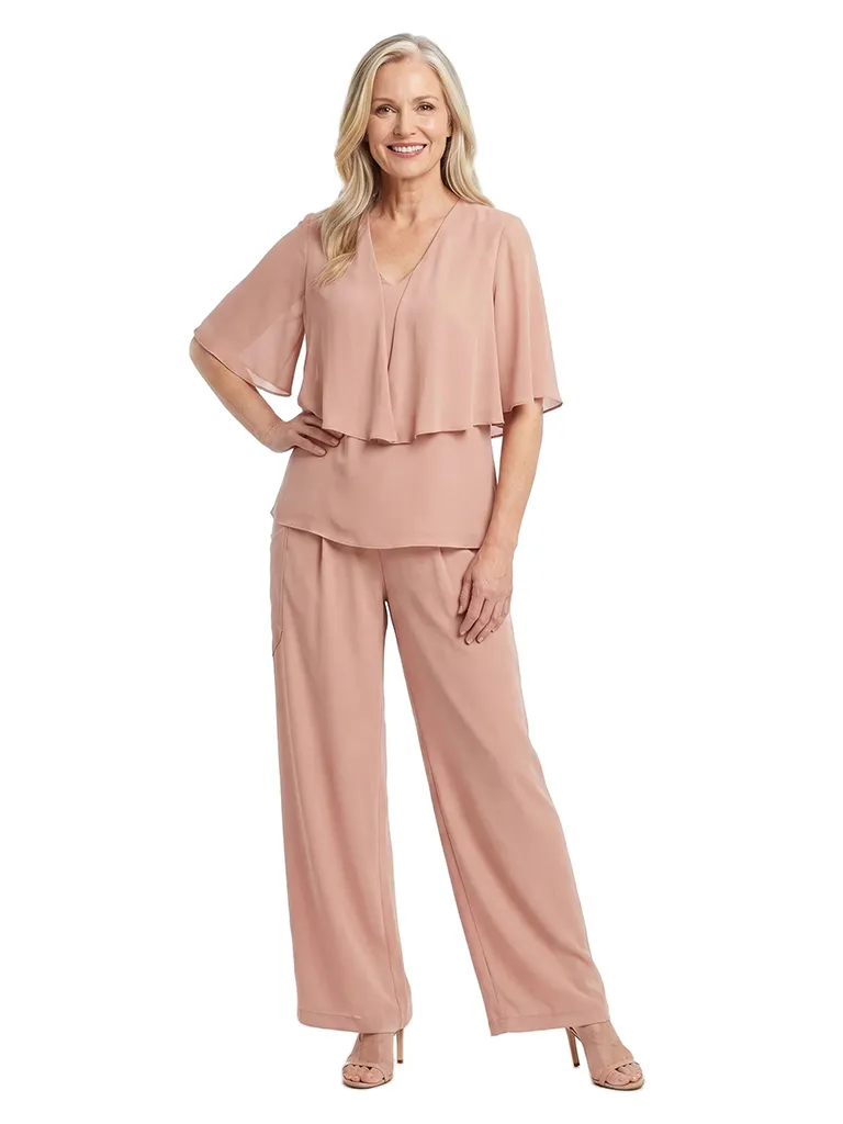 ChicSew Unique V-Neck Mother Of The Bride Pant Suits With Chiffon Short Sleeves Set sold by ChicSew
