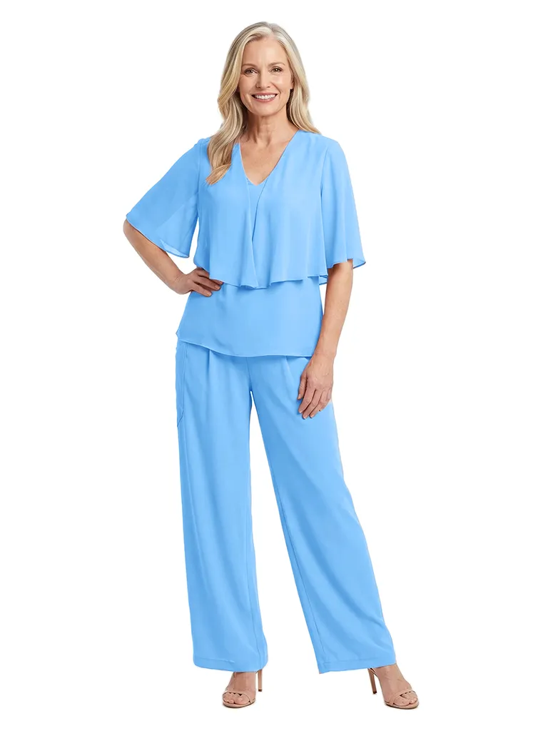 ChicSew Unique V-Neck Mother Of The Bride Pant Suits With Chiffon Short Sleeves Set sold by ChicSew product image thumbnail 5