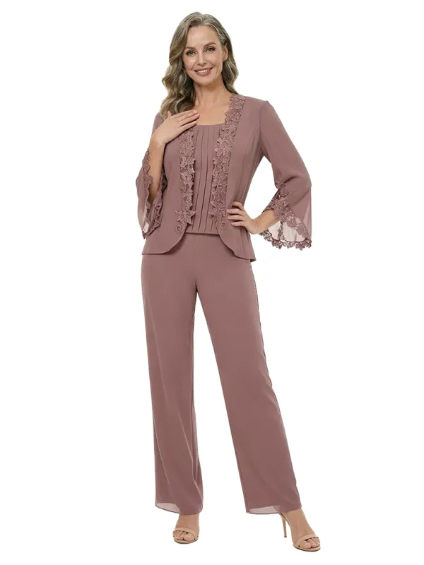 ChicSew Modern Chiffon Mother Of The Bride Pant Suits With Lace Trimmed Bell Sleeves made by ChicSew