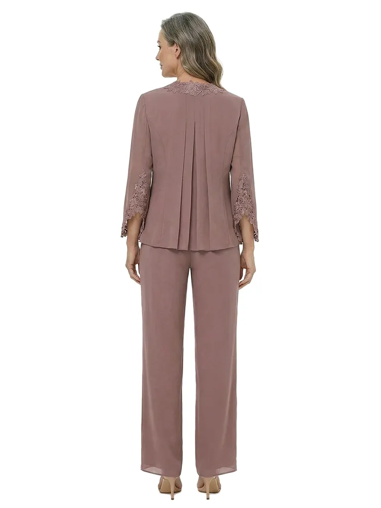 ChicSew Modern Chiffon Mother Of The Bride Pant Suits With Lace Trimmed Bell Sleeves sold by ChicSew product image thumbnail 3