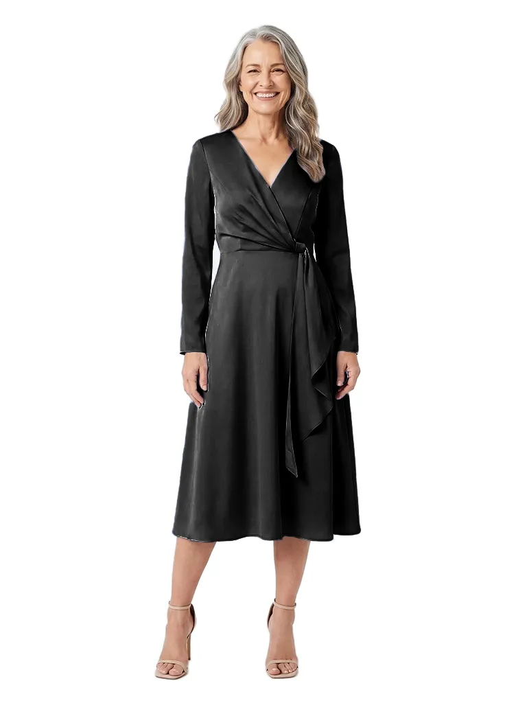 ChicSew Modern Long Sleeves Ruffled Mother Of The Bride Dresses V-Neck Satin A-Line Midi Gown sold by ChicSew product image thumbnail 4