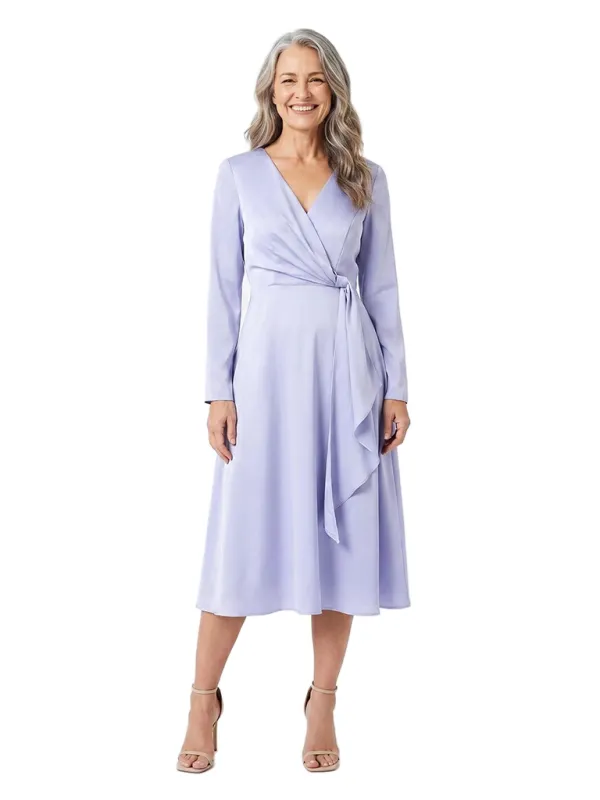 ChicSew Modern Long Sleeves Ruffled Mother Of The Bride Dresses V-Neck Satin A-Line Midi Gown made by ChicSew