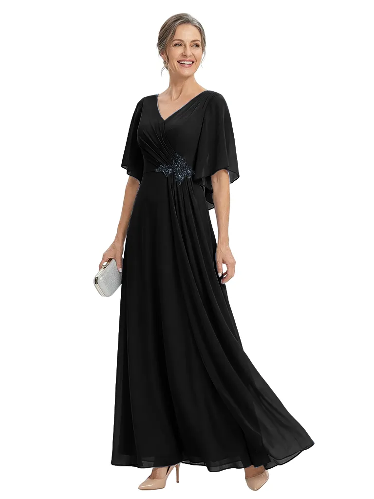ChicSew V-Neck Flutter Sleeve Beaded Applique Chiffon Floor Length A-Line Mother of the Bride Dress sold by ChicSew product image thumbnail 4