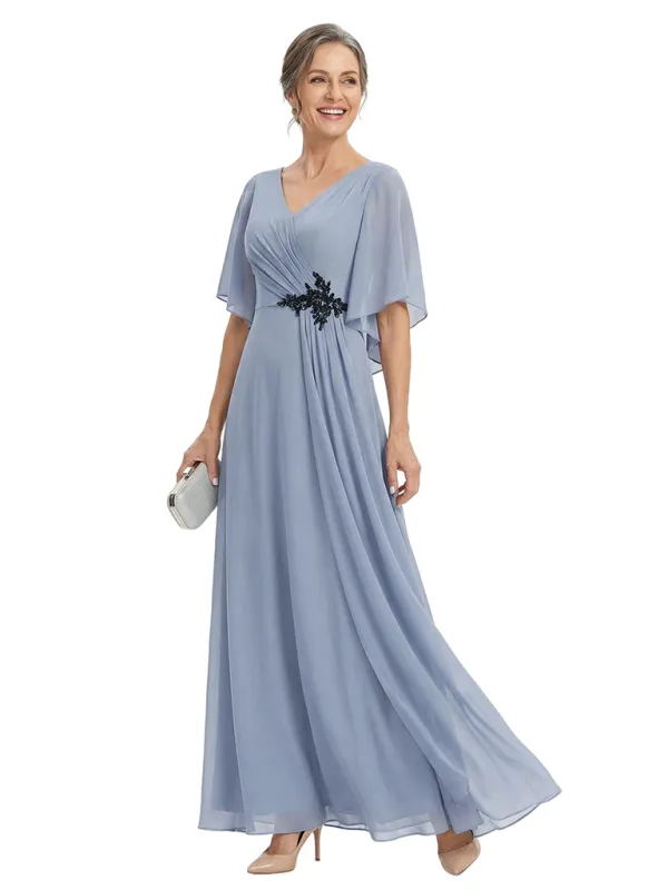 ChicSew V-Neck Flutter Sleeve Beaded Applique Chiffon Floor Length A-Line Mother of the Bride Dress made by ChicSew