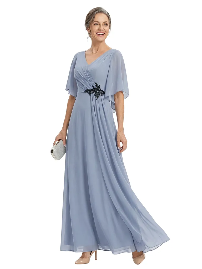 ChicSew V-Neck Flutter Sleeve Beaded Applique Chiffon Floor Length A-Line Mother of the Bride Dress sold by ChicSew