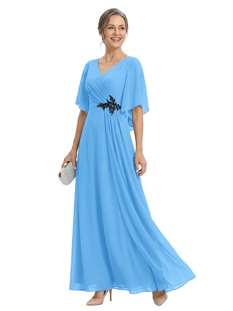 ChicSew V-Neck Flutter Sleeve Beaded Applique Chiffon Floor Length A-Line Mother of the Bride Dress sold by ChicSew product image thumbnail 5