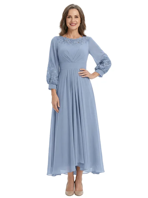 ChicSew Bateau Neck 3/4 Sleeve Lace Applique Pleated Chiffon Ankle Length Mother of the Bride Dress made by ChicSew