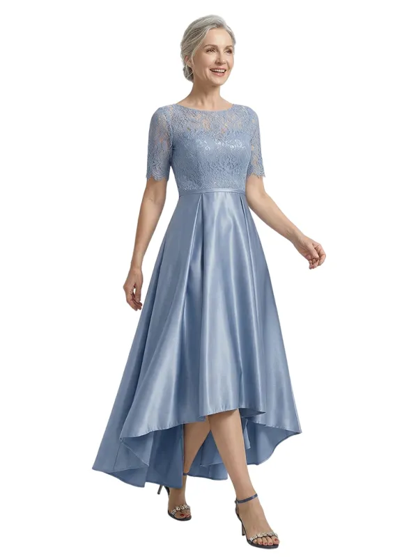 ChicSew Bateau Neck Short Sleeve Lace Top Satin High Low Mother of the Bride Dress made by ChicSew