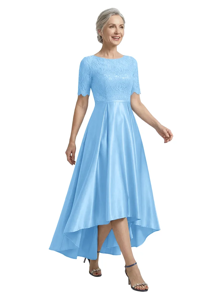 ChicSew Bateau Neck Short Sleeve Lace Top Satin High Low Mother of the Bride Dress sold by ChicSew product image thumbnail 5