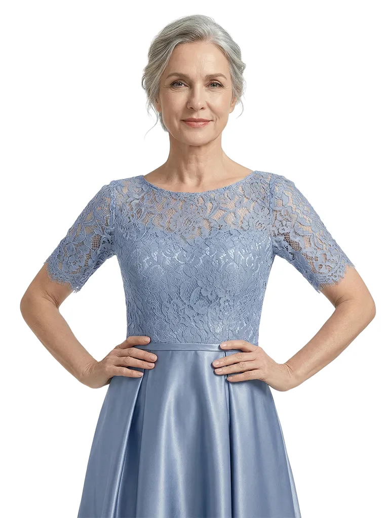 ChicSew Bateau Neck Short Sleeve Lace Top Satin High Low Mother of the Bride Dress sold by ChicSew product image thumbnail 2