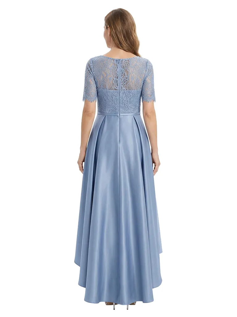 ChicSew Bateau Neck Short Sleeve Lace Top Satin High Low Mother of the Bride Dress sold by ChicSew product image thumbnail 3