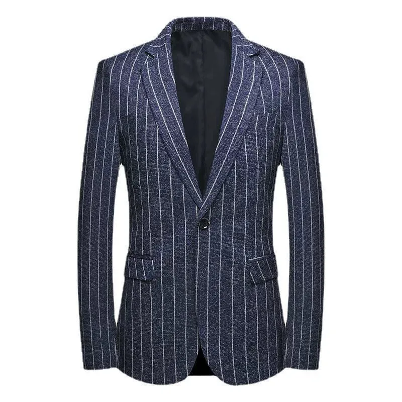 Dark Navy Casual Collar Coat Jacket Slim Button Small Suit Strips Single Jacket made by ChicSew