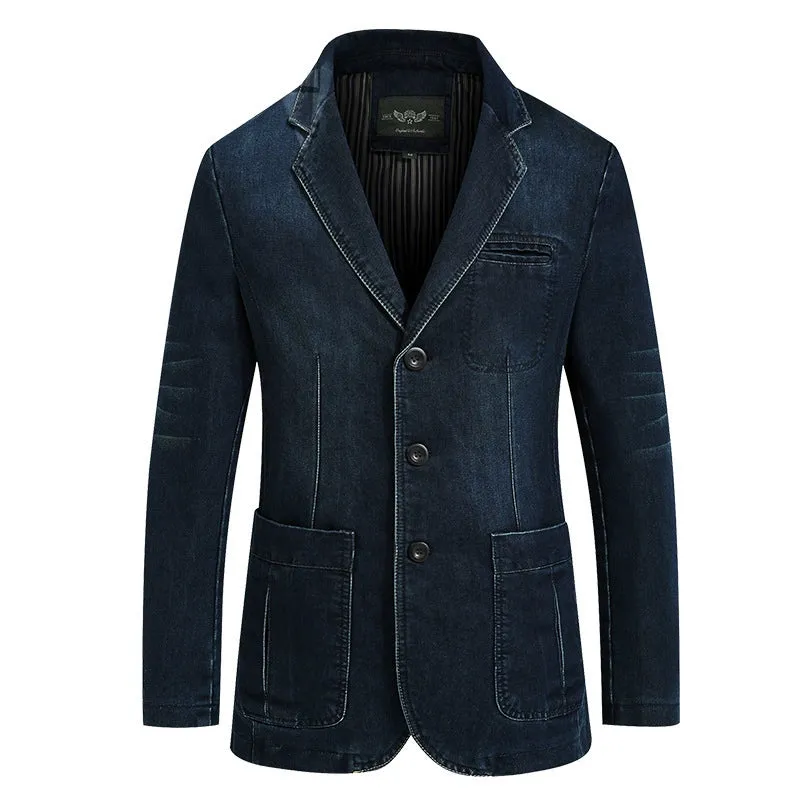 Dark Blue Denim Suit Men's Casual Plus Size Jacket made by ChicSew