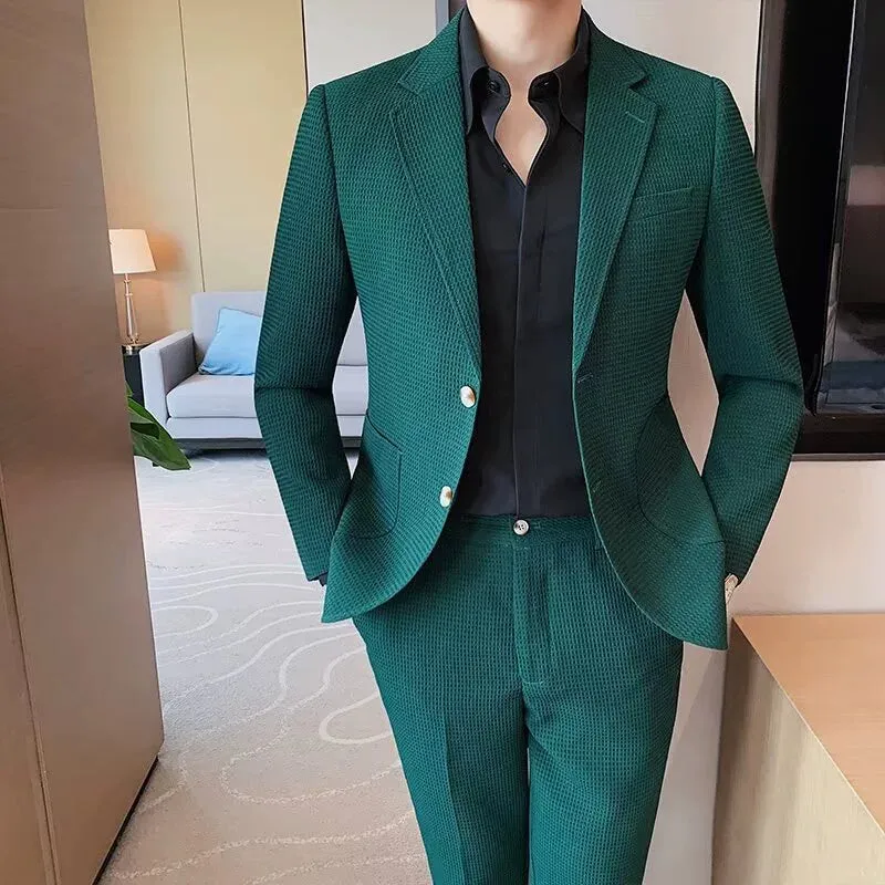 Green Waffle Suit Men Coat Slim Business Casual 2 Piece Suit made by ChicSew