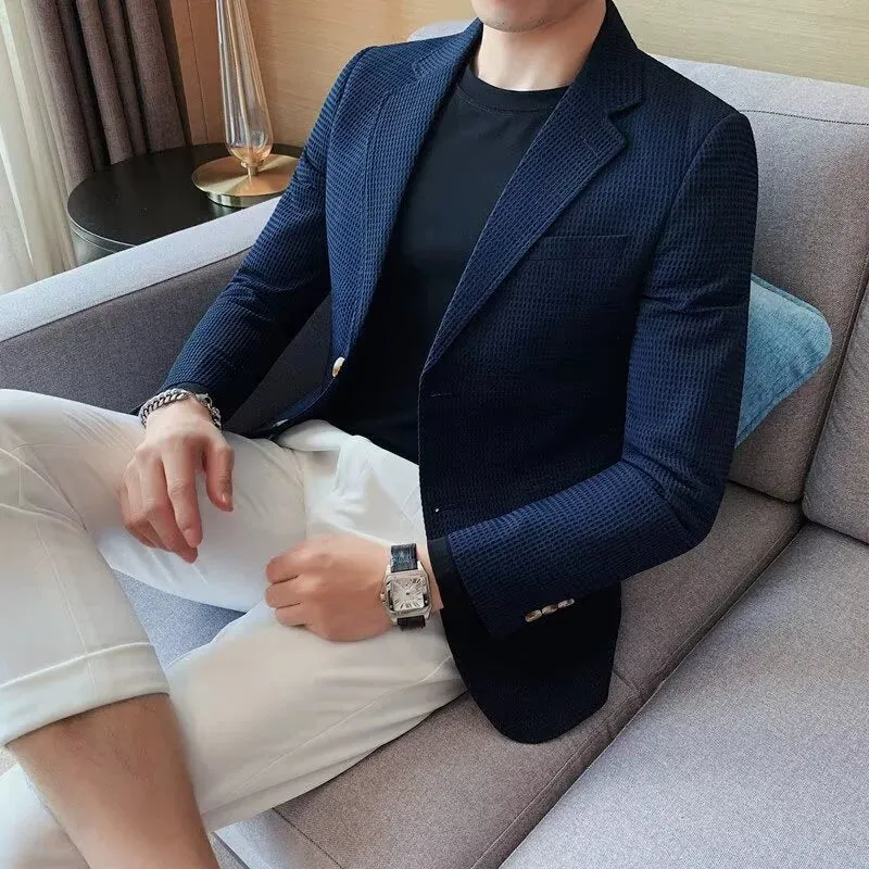 Royal Blue Waffle Suit Men Coat Slim Business Casual Suit Single Coat made by ChicSew