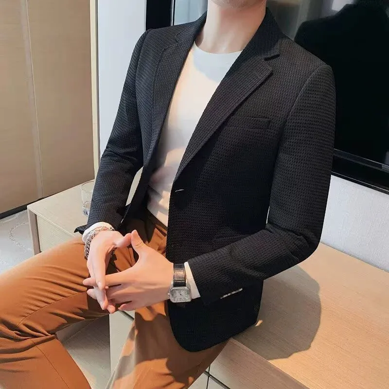 Black Waffle Suit Men Coat Slim Business Casual Suit SingleCoat made by ChicSew