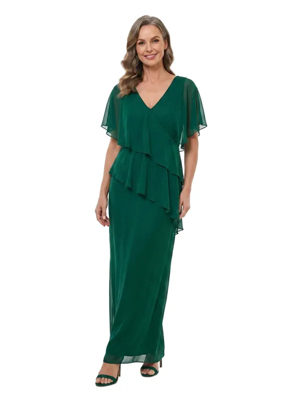 ChicSew V-Neck Flutter Sleeve Chiffon Tiered Ruffle Ankle Length Mother of the Bride Dress made by ChicSew