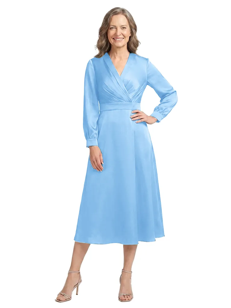 ChicSew V-Neck Long Sleeve Satin A-Line Tea Length Mother of the Bride Dress sold by ChicSew product image thumbnail 5