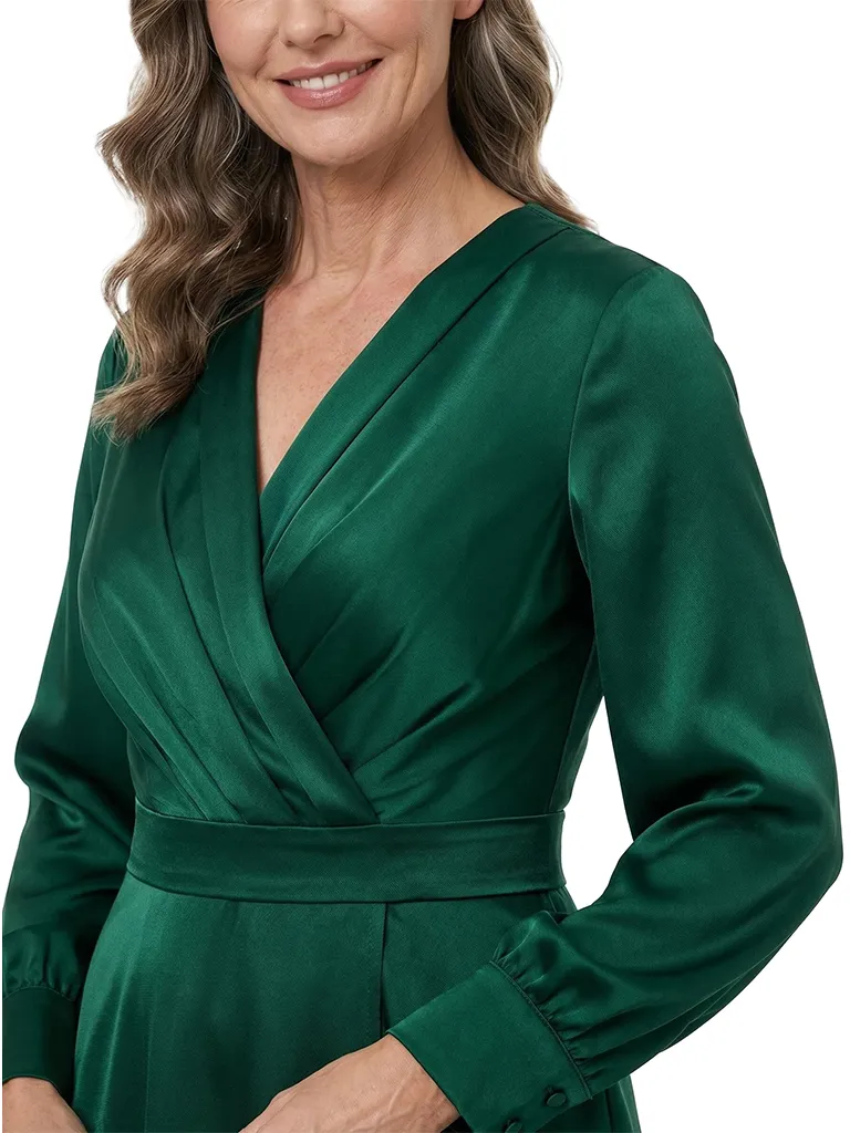 ChicSew V-Neck Long Sleeve Satin A-Line Tea Length Mother of the Bride Dress sold by ChicSew product image thumbnail 2