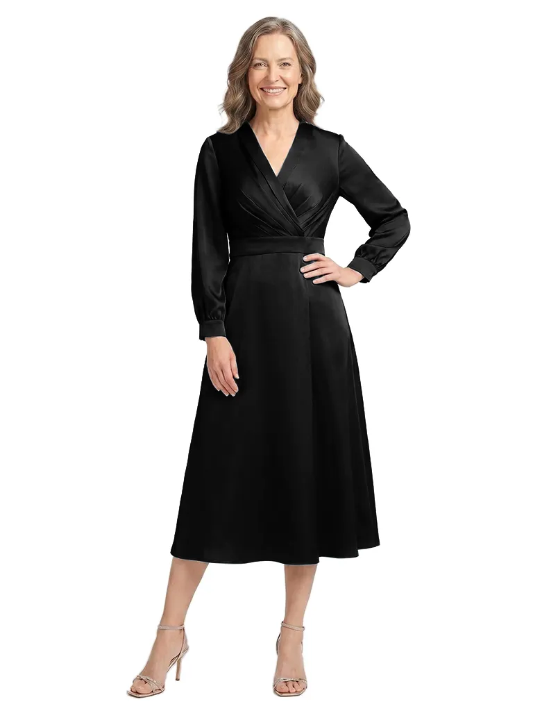 ChicSew V-Neck Long Sleeve Satin A-Line Tea Length Mother of the Bride Dress sold by ChicSew product image thumbnail 4