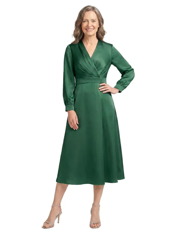 ChicSew V-Neck Long Sleeve Satin A-Line Tea Length Mother of the Bride Dress made by ChicSew
