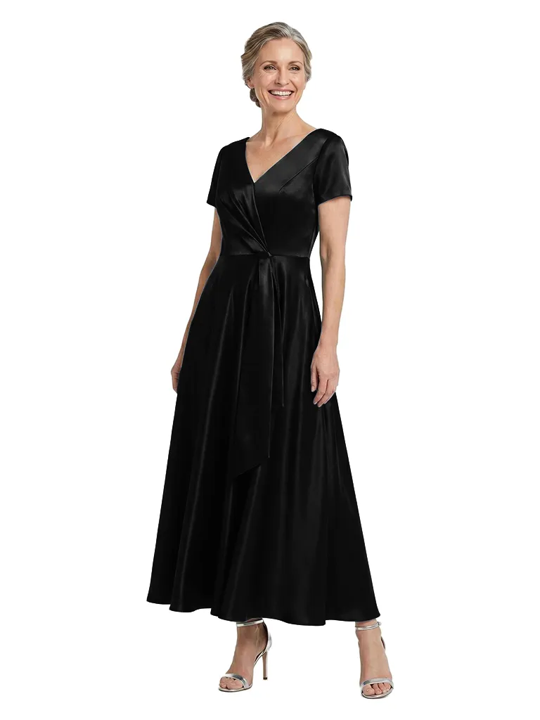 ChicSew V-Neck Short Sleeve Satin A-Line Long Mother of the Bride Dress sold by ChicSew product image thumbnail 4